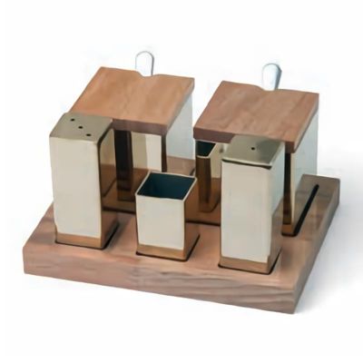 Biradlı - Biradlı Tuzluk Baharatlık Takımı, Ahşap Standlı, 5'li, Kare, Altın