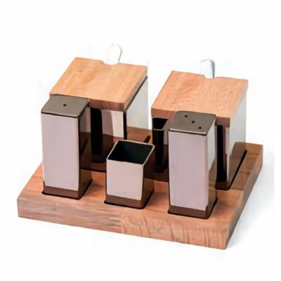 Biradlı - Biradlı Tuzluk Baharatlık Takımı, Ahşap Standlı, 5'li, Kare, Bakır