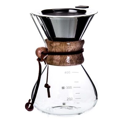 Keenmax Pour Over Chemex Kahve Demleyici, Ahşap Tutacaklı, Metal Filtreli, 400 ml