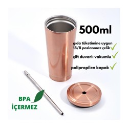 Ozdusk Paslanmaz Pipetli Termos Matara, 500 ml, Bakır - Thumbnail