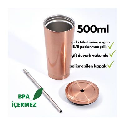 Ozdusk Paslanmaz Pipetli Termos Matara, 500 ml, Bakır