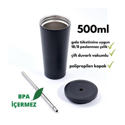 Ozdusk Paslanmaz Pipetli Termos Matara, 500 ml, Siyah