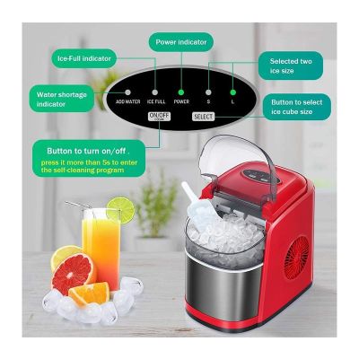 Vosco VSCB-12B Ev Tipi Buz Makinesi, 12 kg/gün Kapasiteli, Kırmızı